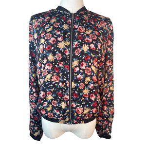 Trafaluc ZARA Floral Bomber Jacket M Zip Closure Silky Exterior Red Lining Light